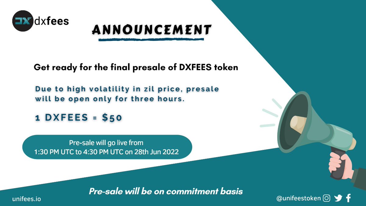 UnifeesDex's tweet photo. We have an interesting announcement to make: Due to high fluctuations in the Zil price, DXFEES presale will only be accessible for three hours.
Don't pass up the chance to own a DEX; keep your money on hand.
Start Time: 1:30 PM UTC
End Time: 4:30 PM UTC
@Zilliqa @UnifeesToken https://t.co/CrZ53ZLplm