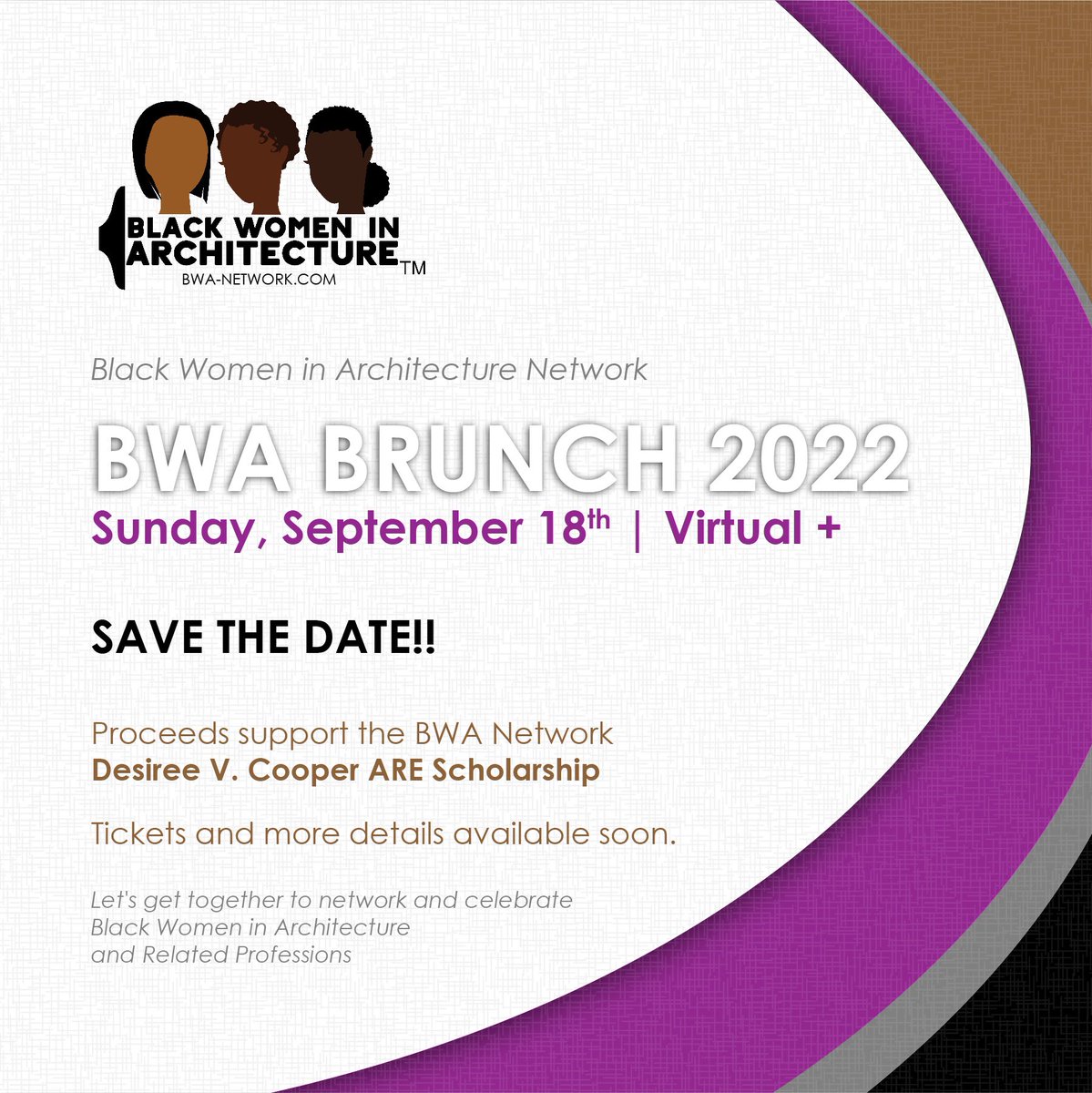 BwaNetwork's tweet photo. BWA Brunch 2022
Sunday, September 18th - SAVE THE DATE!!

BWA Brunch 2022 landing page:
https://t.co/jdaKwDlnKY

BWA Network main page:
https://t.co/WTZz4efTMQ

⚫️⚪️🟤🟣

#BlackWomeninArchitecture #BWA #BWABrunch #2022 #designequity https://t.co/3sM4C4hibv