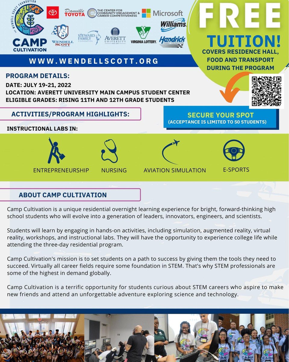 We're NOW accepting students into our 2022 Camp Cultivation Class! 

Snag your spot for an awesome hands-on STEM experience this summer. 

Free tuition is available to 50 students and will cover residence hall expenses, food, and transportation during the three-day program.