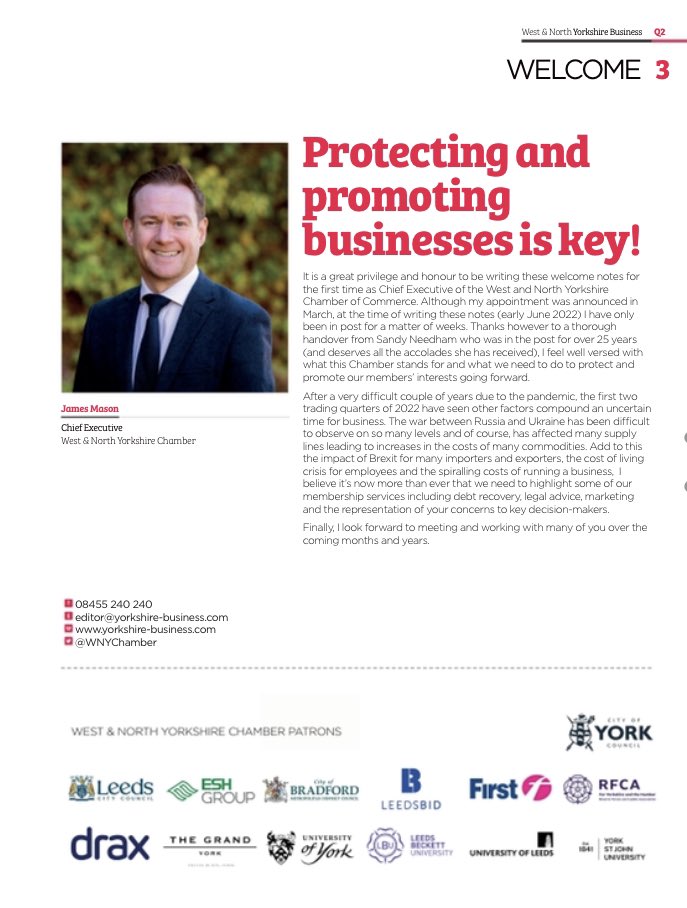 James Mason (@jamesmason_78) on Twitter photo The <a href="/WNYChamber/">West & North Yorkshire Chamber of Commerce</a>’s latest business magazine is out.
Hear views & analysis from across Yorkshire on:
✴️ Skills shortages
✴️ Transport & Energy
✴️ Recruitment
Exclusive content with:
🏉 @RLWC2021
✈️ <a href="/RFCAYH/">RFCA Yorkshire and the Humber</a>
📝 <a href="/MarkCasci/">Mark Casci</a>
🏛 <a href="/MayorOfWY/">Tracy Brabin, Mayor of West Yorkshire</a>
Download a copy now
lnkd.in/ew-bxABq The <a href="/WNYChamber/">West & North Yorkshire Chamber of Commerce</a>’s latest business magazine is out.
Hear views & analysis from across Yorkshire on:
✴️ Skills shortages
✴️ Transport & Energy
✴️ Recruitment
Exclusive content with:
🏉 @RLWC2021
✈️ <a href="/RFCAYH/">RFCA Yorkshire and the Humber</a>
📝 <a href="/MarkCasci/">Mark Casci</a>
🏛 <a href="/MayorOfWY/">Tracy Brabin, Mayor of West Yorkshire</a>
Download a copy now
lnkd.in/ew-bxABq