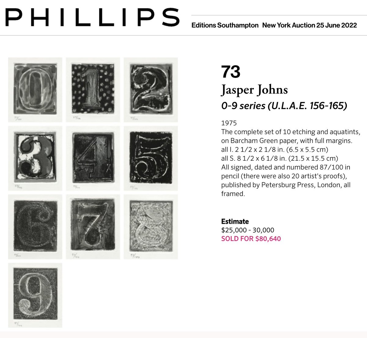 JohnsPrints's tweet photo. #JasperJohns 0-9 series (U.L.A.E. 156-165), 1978 the complete set of 10 etching and aquatints, sells for $80,640 @phillipsauction Editions Southampton 6/25/2022, triple the pre-sale estimate. 
https://t.co/B2qZucwKTt https://t.co/3SHphPMLBX