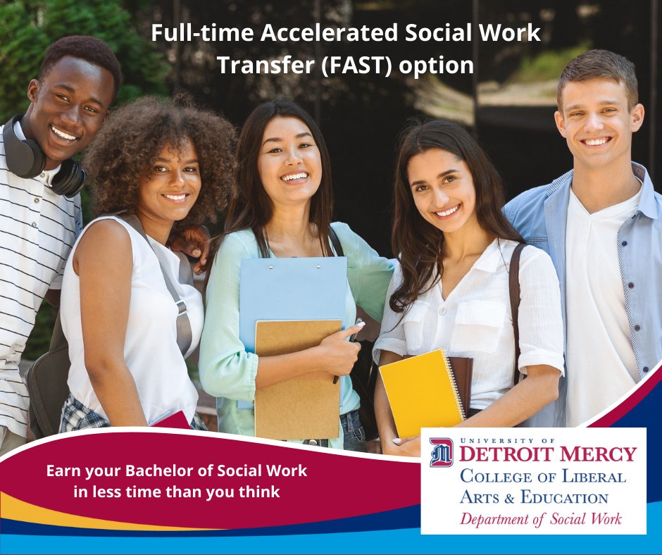 DetMercyCHASS's tweet photo. Starting summer 2023, community college transfer students can earn a #DetroitMercy Bachelor of Social Work (#BSW) in approximately one year with the Full-Time Accelerated Social Work Transfer (FAST) option. Apply now while there is no waitlist: https://t.co/BZHYpzAwG4 https://t.co/nJDt2Q9zDi