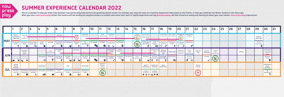 nowpressplay's tweet photo. See how you can link our audio adventures with upcoming awareness days with our super handy #Summer Experience calendar! ☀️📆
Lots coming up in July including the #SummerReadingChallenge & Hajj 📚✨
#teacherplanning #planningessentials https://t.co/QUjBzsx0iz