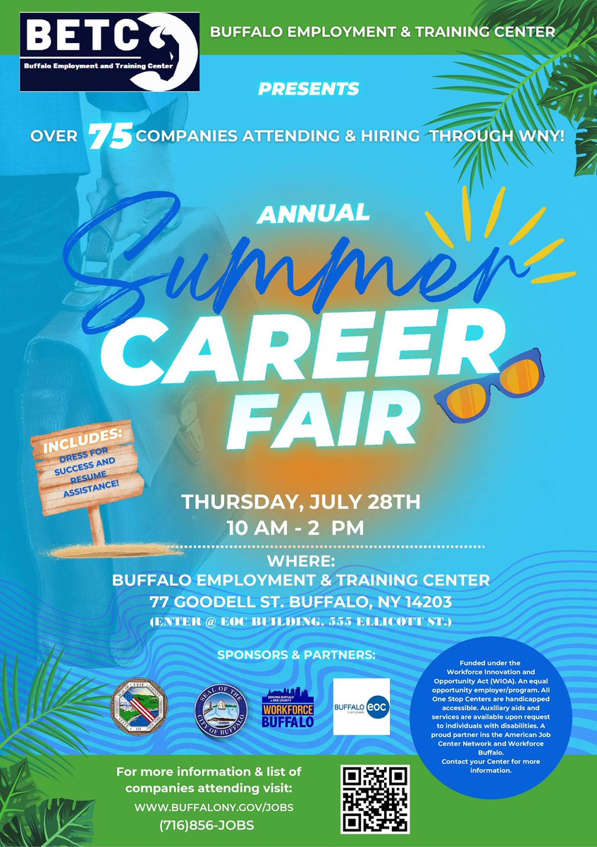 betc716's tweet photo. Summer Career Fair on Thursday, July 28th from 10am to 2pm at the Buffalo Employment and Training Center.
This event is Free &amp; Open to All! 
716-856-JOBS
#employmentopportunities 
#employment #jobs #careers #jobfair #careerfair #buffalony
More info here: https://t.co/qLygJTbpTO https://t.co/2dDX2Ak359