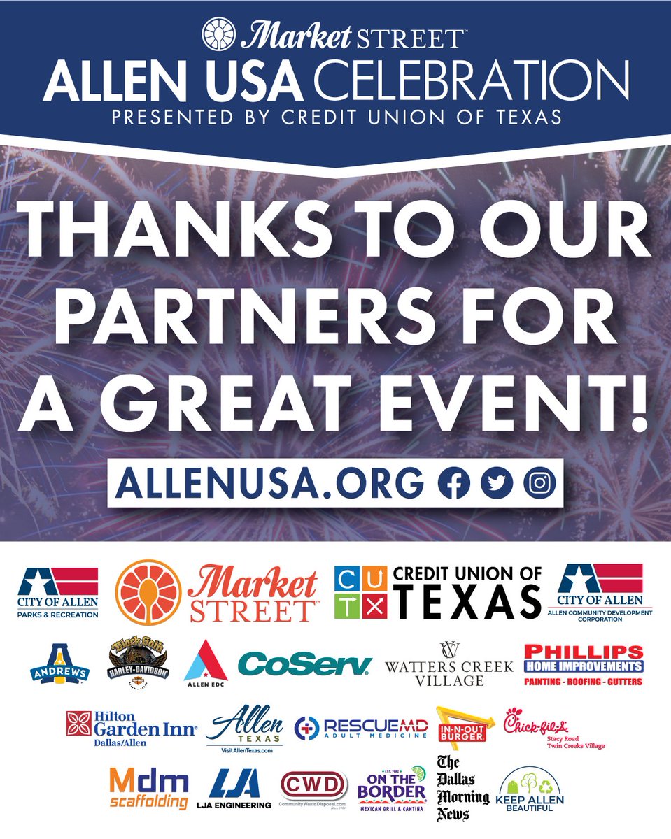 Allen_USA's tweet photo. Thank you to everyone who attended the 2022 Market Street Allen USA Celebration presented by Credit Union of Texas! This event would not have been possible without the generosity of our outstanding partners! https://t.co/x7AV7wzycv https://t.co/zB31BL651g