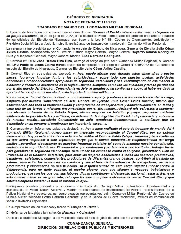 EjercitoNic's tweet photo. #NOTADEPRENSA | Como parte del proceso ordinario de rotación de los oficiales, con base a la Ley N° 181 Código de Organización, Jurisdicción y Previsión Social Militar, artículo 9, inciso 9, se realizó acto de traspaso de mando del #1ComandoMilitarRegional. #TodoPorLaPatria https://t.co/kCNB1uvDfi