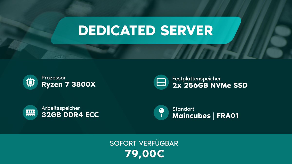 AlveonIo's tweet photo. PrePaid 🚀 Dedicated Server

➤ Prozessor: Ryzen 7 3800X
➤ Arbeitsspeicher: 32GB DDR4 ECC
➤ Festplattenspeicher: 2x 256GB NVMe SSD

Jetzt zuschlagen für nur 79€

➥ https://t.co/RNOmuDVAVJ https://t.co/B2WGnKxqVH