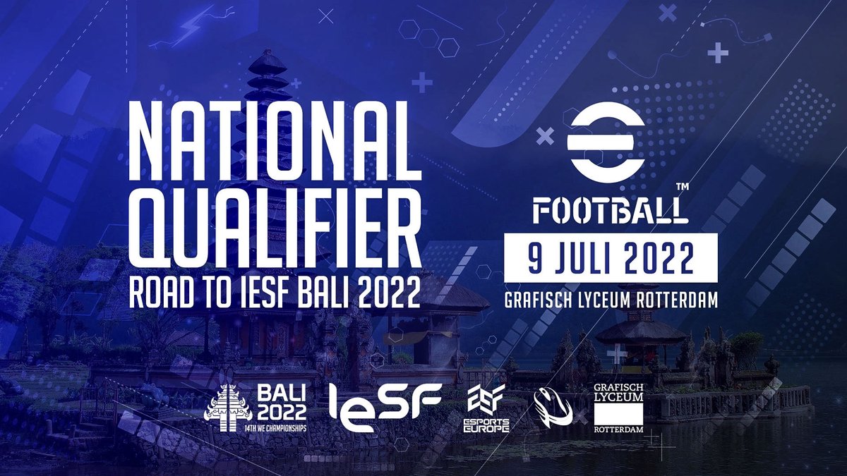 De Nederlandse E-sportbond organiseert in samenwerking met het Grafisch Lyceum Rotterdam de eFootball 2022 National Qualifier.

Inschrijven is GRATIS en kan via: play.toornament.com/en_US/tourname…