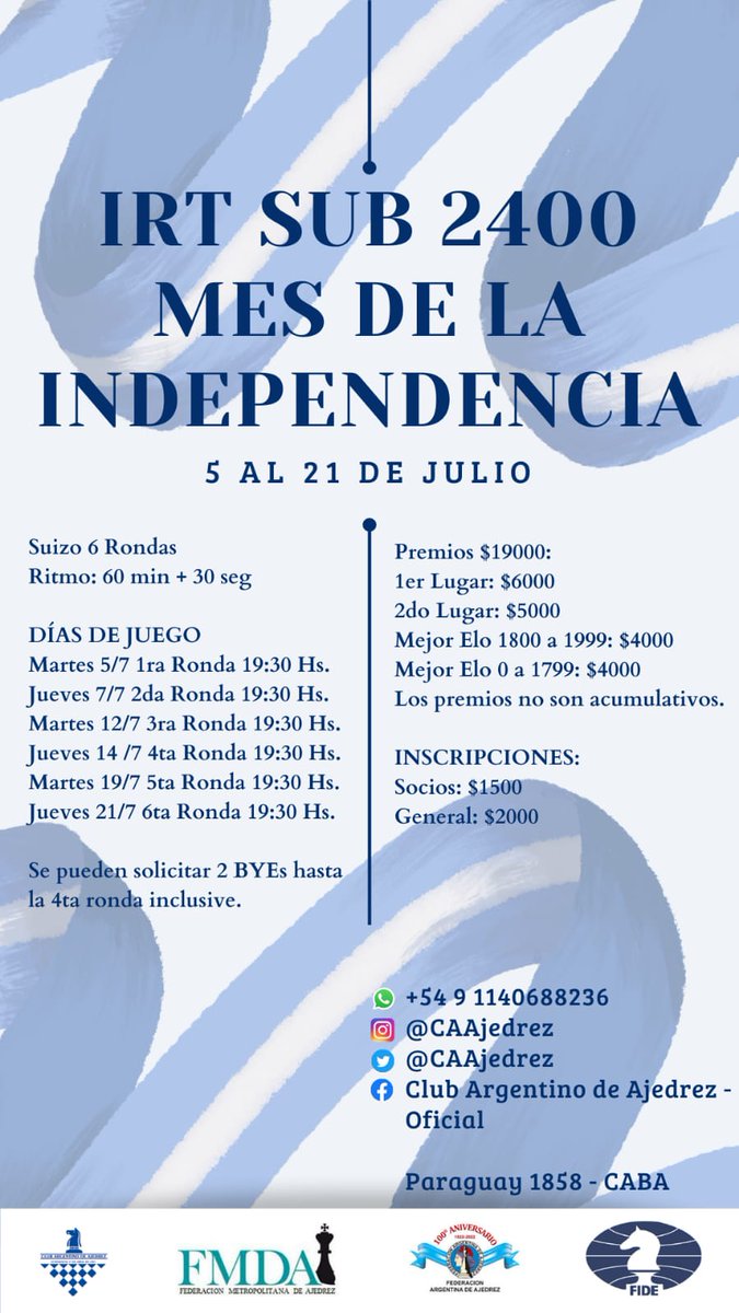 IRT SUB 2400 MES DE LA INDEPENDENCIA. 
$19000 EN PREMIOS.

📅 5 al 21 de Julio.
📌Suizo a 6 rondas
⏳Ritmo: 60min + 30 seg

📝Inscripciones:
Socios: $1500.
No socios: $2000.

💰Premios:
1er Puesto: $6000.
2do Puesto: $5000.
Mejor ELO 1800 a 1999: $4000.
Mejor ELO 0 a 1799: $4000.