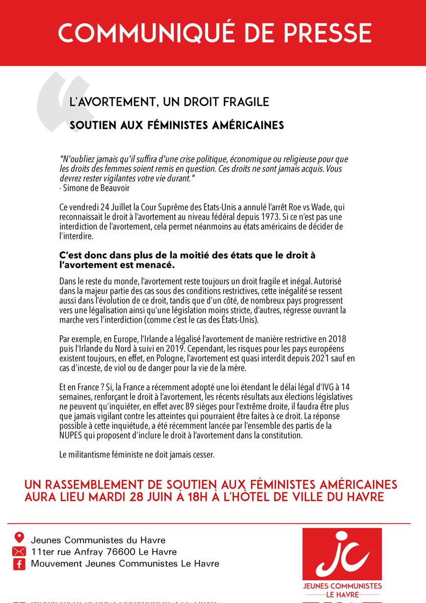 COMMUNIQUÉ DE SOUTIEN AUX FÉMINISTES AMÉRICAINES