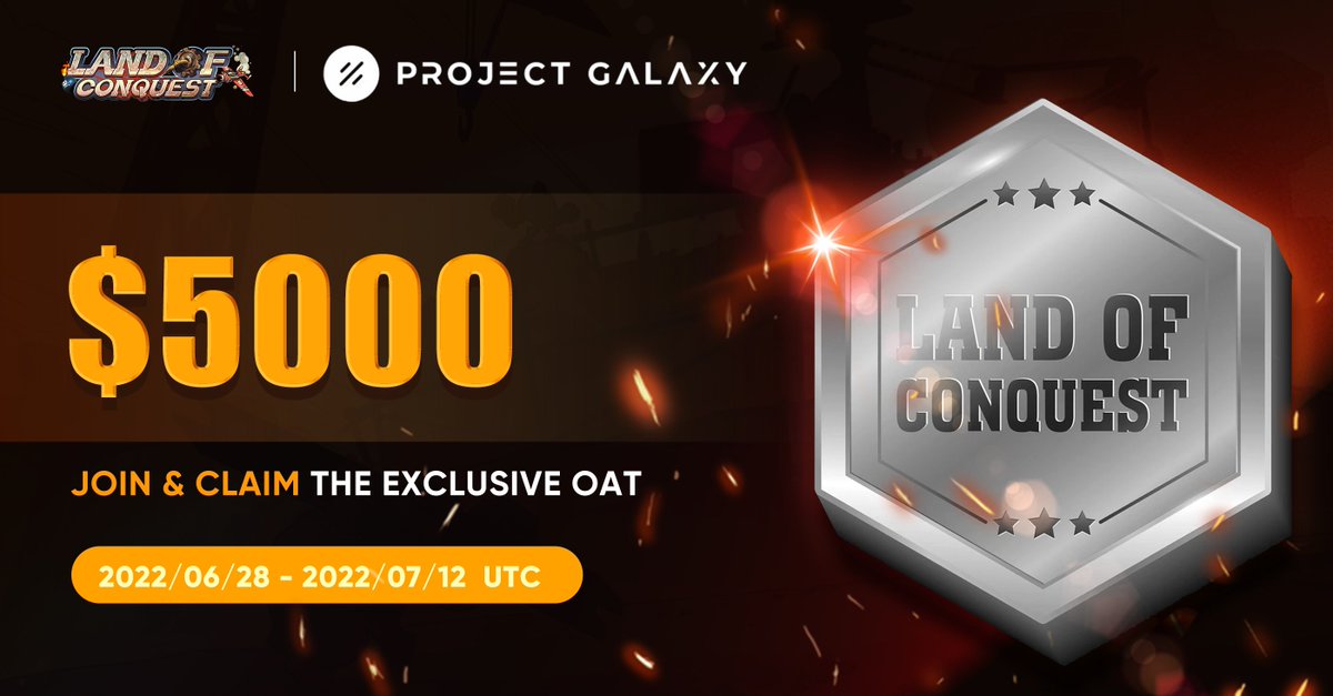 💥To celebrate the official website 2.0 release💥

🔥We are powered by <a href="/ProjectGalaxyHQ/">Now Galxe (Previously Project Galaxy)</a> to host a special OAT giveaway. Get your rewards!

To Enter:
🔗 Claim on #ProjectGalaxy for free：galaxy.eco/LandOfConquest…
🔗Complete Gleam tasks：
gleam.io/competitions/L…