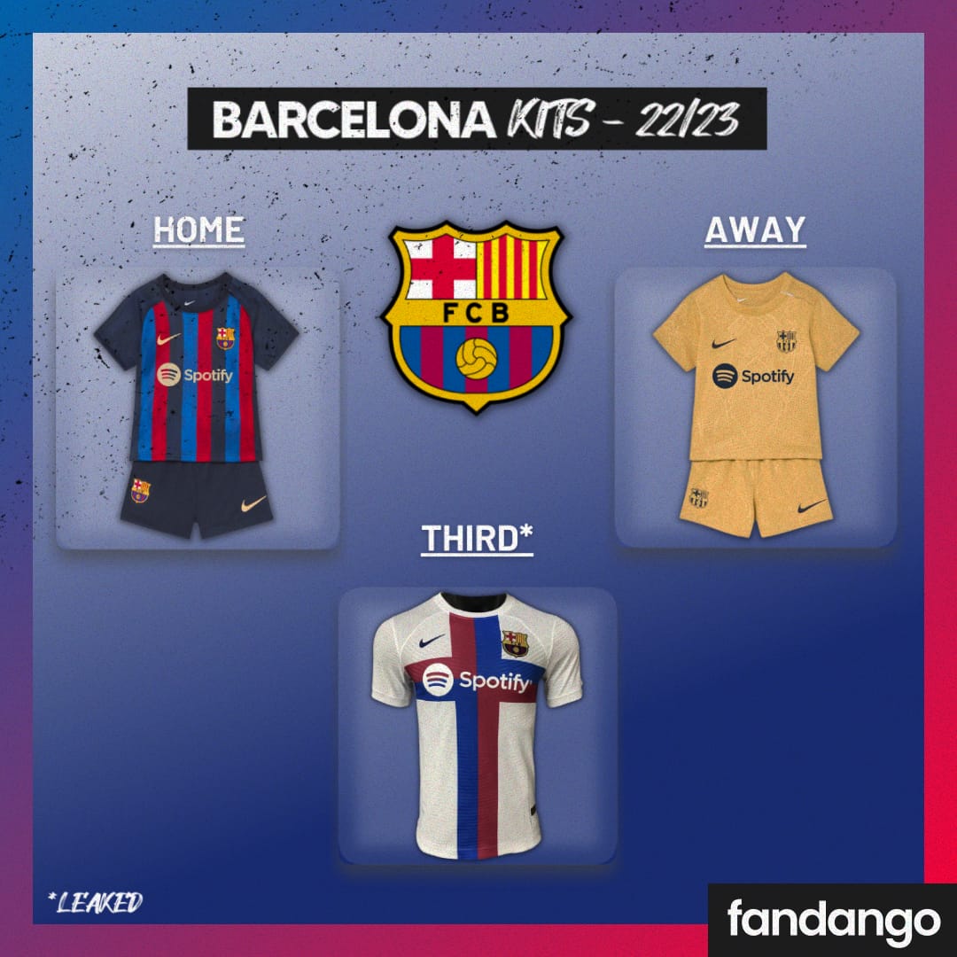 Fandangoapp's tweet photo. ๐ Barcelona's Confirmed Home and Away kit for the 2022/23 Season! ๐
what do you think? - Previous season kits were better than this or this season kit is more awesome ๐ฌ
-
#Fandangossm #Fandango #Fandangoapp #Fandangoofficial #barcelona #barcelonakits #barcelonajerseys https://t.co/YFgRzJAYvh