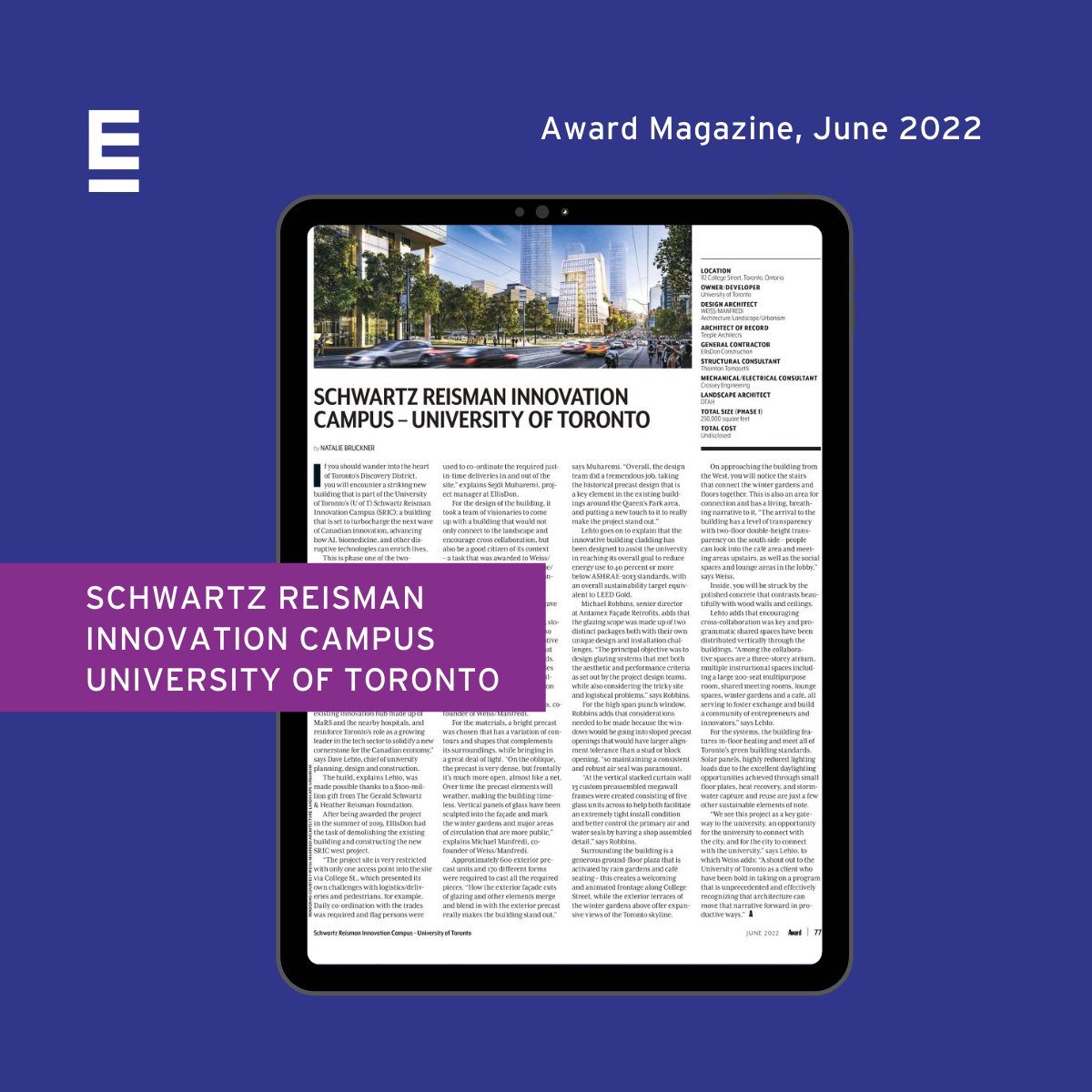 This month's Award Magazine features the University of Toronto's Schwartz Reisman Innovation Campus.

Crossey is proud to provide M&amp;E. telecom and security design services in addition to Energy Modelling and LEED consulting by CEL Gruen.

Read more at digital.canadawide.com/i/1469378-june…?