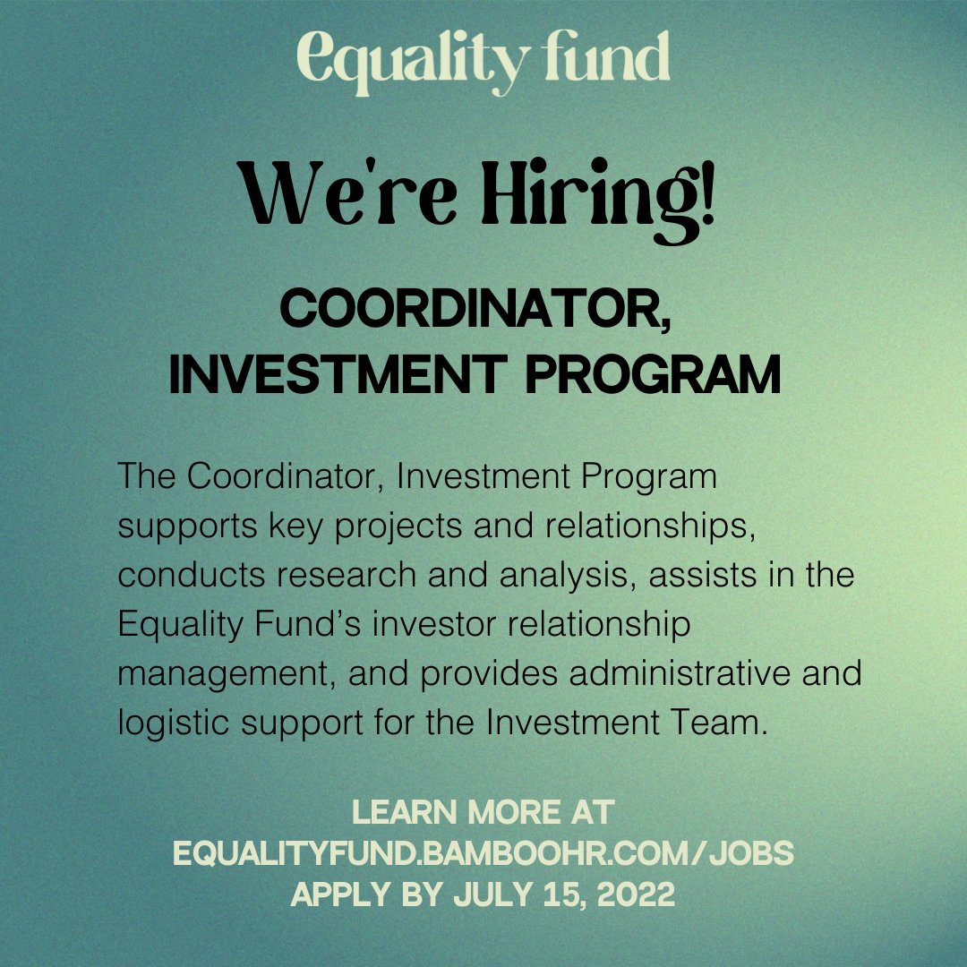 We are hiring!

If you are passionate about championing women’s rights and gender equality and have a strong background in operational and relationship management, we encourage you to apply to become our new Coordinator, Investment Program. 

Move with us!
equalityfund.bamboohr.com/jobs/
