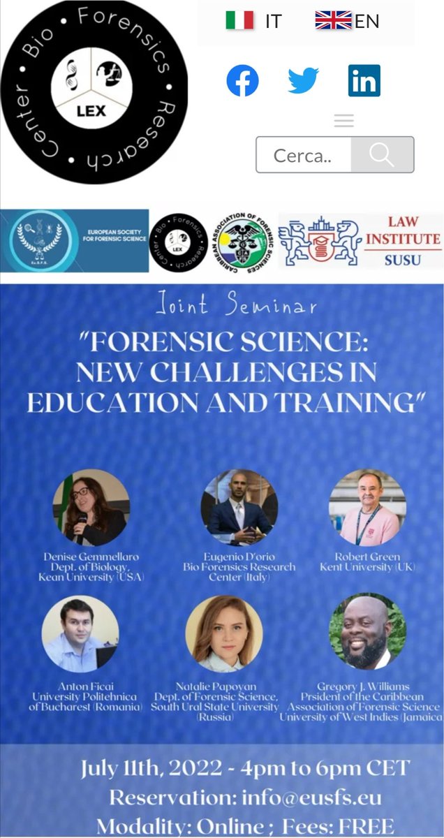 OrioEugenio's tweet photo. Bio Forensics Research Center has the pleasure to invite all #forensic colleagues and #students of #forensicscience to join Seminar on Forensic Science July 11th, 4pm CET
#forensics #international #seminar #education #challenge #training #eusfs #bioforensics #eugeniodorio https://t.co/aHGtQo1tJN