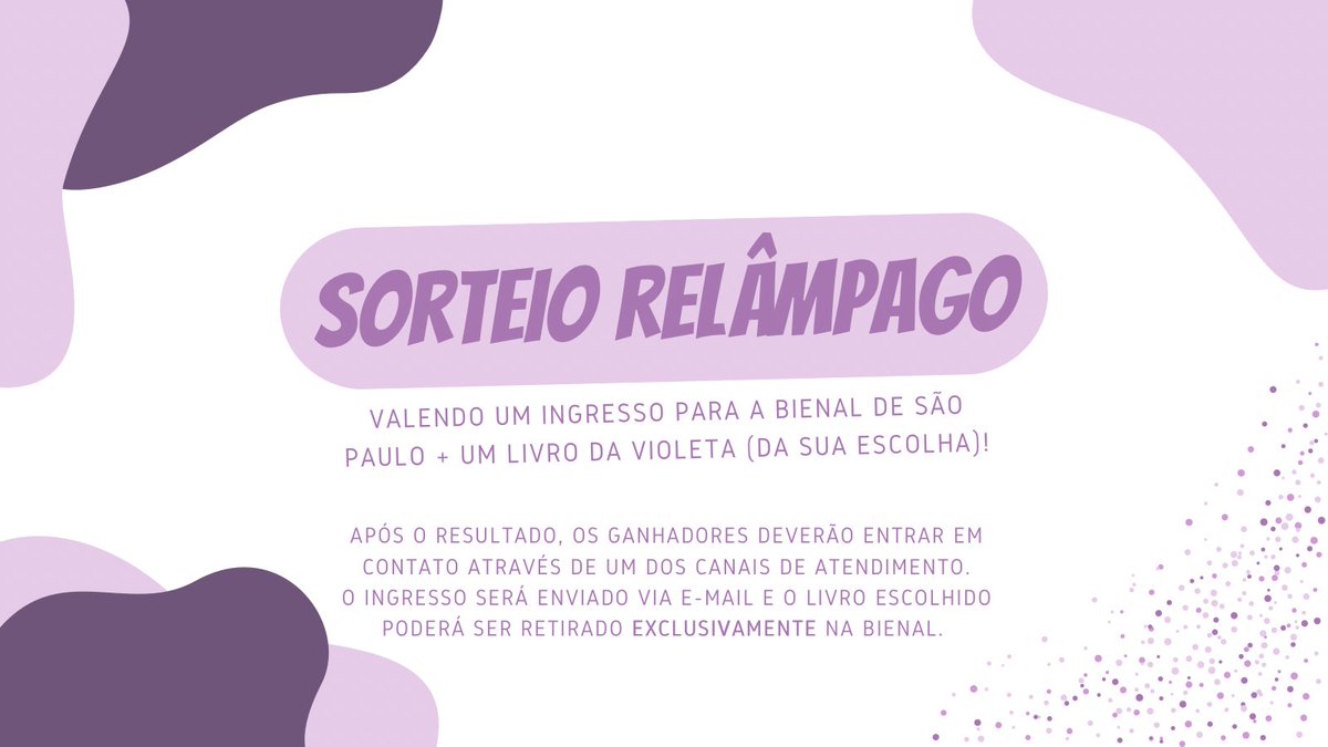 EditoraVioleta's tweet photo. SORTEIO 💜 Um ingresso da Bienal + um livro da Violeta (da sua escolha)! 

Regras: 
• Dar RT e curtir este tweet
• Comentar qual é o seu livro favorito da Violeta 

O sorteio encerra dia 29/06 às 16h e terá 3 vencedores! Boa sorte! https://t.co/7SZ2zMeSrg