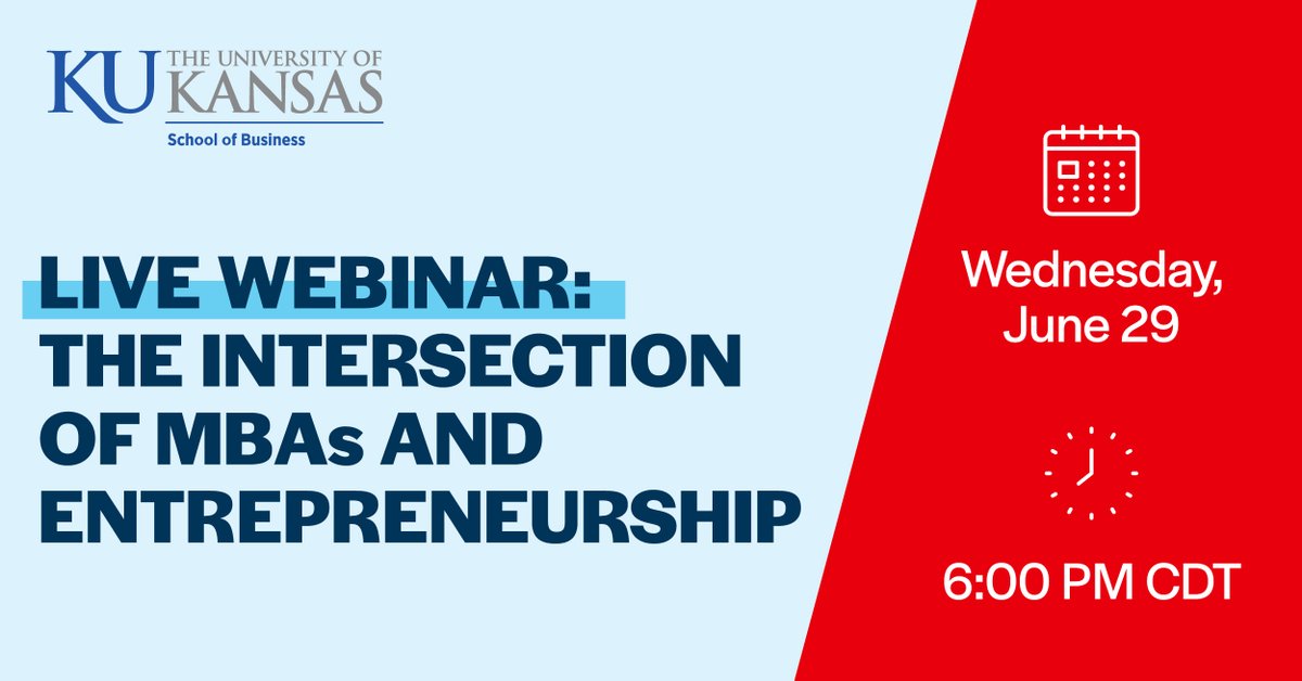 Join KU online MBA program experts at 6 p.m. CDT Wednesday, June 29, to discuss the important intersection of MBA degrees and entrepreneurship. This event will feature a Q&amp;A, so feel free to bring any questions you have. bit.ly/3uDN0Go #JayhawkMBA