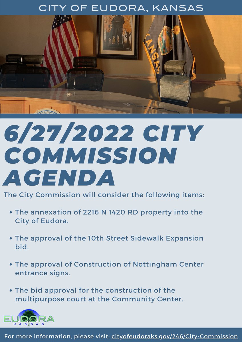 📜 The City Commission will be meeting tonight, 6/27/2022, at 7:00pm. Zoom information for the meeting can be found at cityofeudoraks.gov/246/City-Commi….