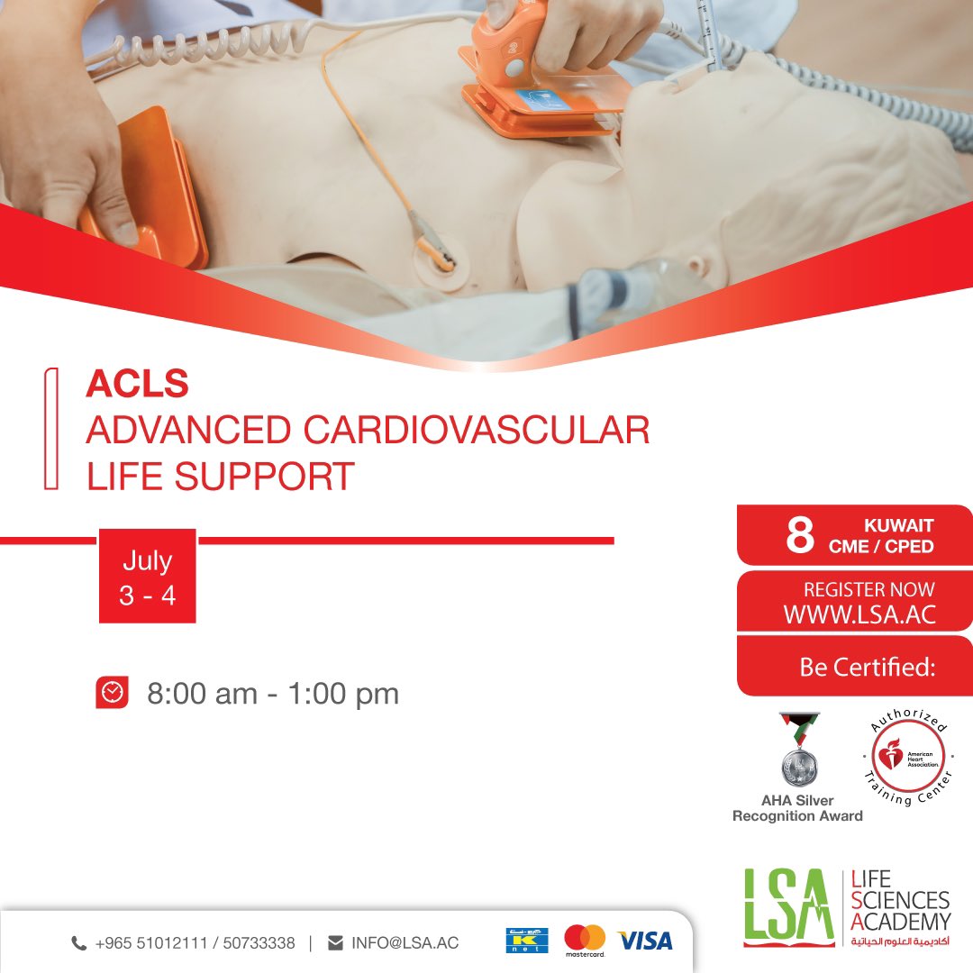 lsaedu's tweet photo. 🔴 Advanced Cardiovascular Life Support (ACLS)

💻 Be certified and register in ACLS Course through our website https://t.co/4elmwtgrIM

🪑Limited Seats

⏱ 8 Kuwait CME

#lsaedu #lifesupport #nurse #dentist #الكويت #طبيب #تمريض #الانعاش_القلبي_الرئوي #acls #airwaymanagement https://t.co/Re5VMLjcPi