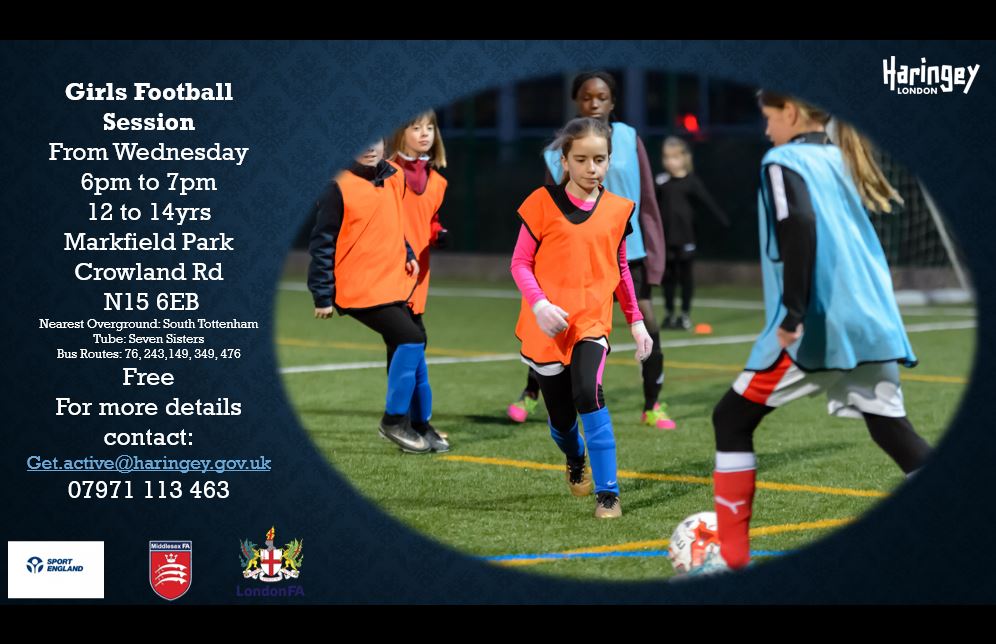 haringeycouncil's tweet photo. There are #FREE #football sessions for women &amp; girls (12-14) every Wednesday night here in #Haringey!

If you want to get #fit, have #fun, make #friends &amp; score #goals, why not head on over to #MarkfieldPark in #N15 this midweek? 👧⚽👩 #GirlsFootball #IAmHaringey #WomensFootball https://t.co/D13yj08s2h