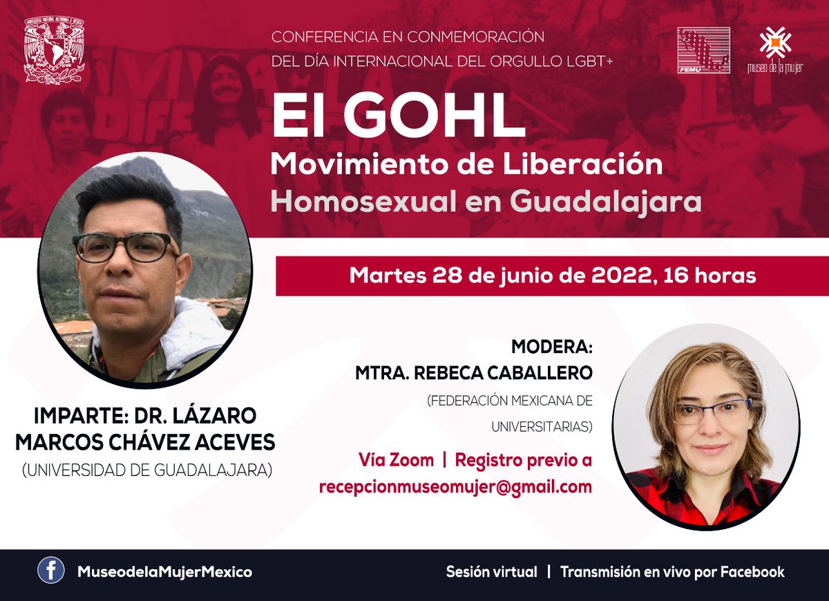 museodelamujer's tweet photo. Acompáñanos mañana en la conferencia virtual sobre "El GOHL, movimiento de liberación homosexual en Guadalajara" 🇲🇽🏳️‍🌈

• Imparte: Dr. Lázaro Marcos Chávez Aceves (Universidad de Guadalajara)
• Modera: Mtra. Rebeca Caballero (FEMU)

📅 Martes 28 de junio, 16horas
Zoom y Facebook https://t.co/FDFZIO3a3S