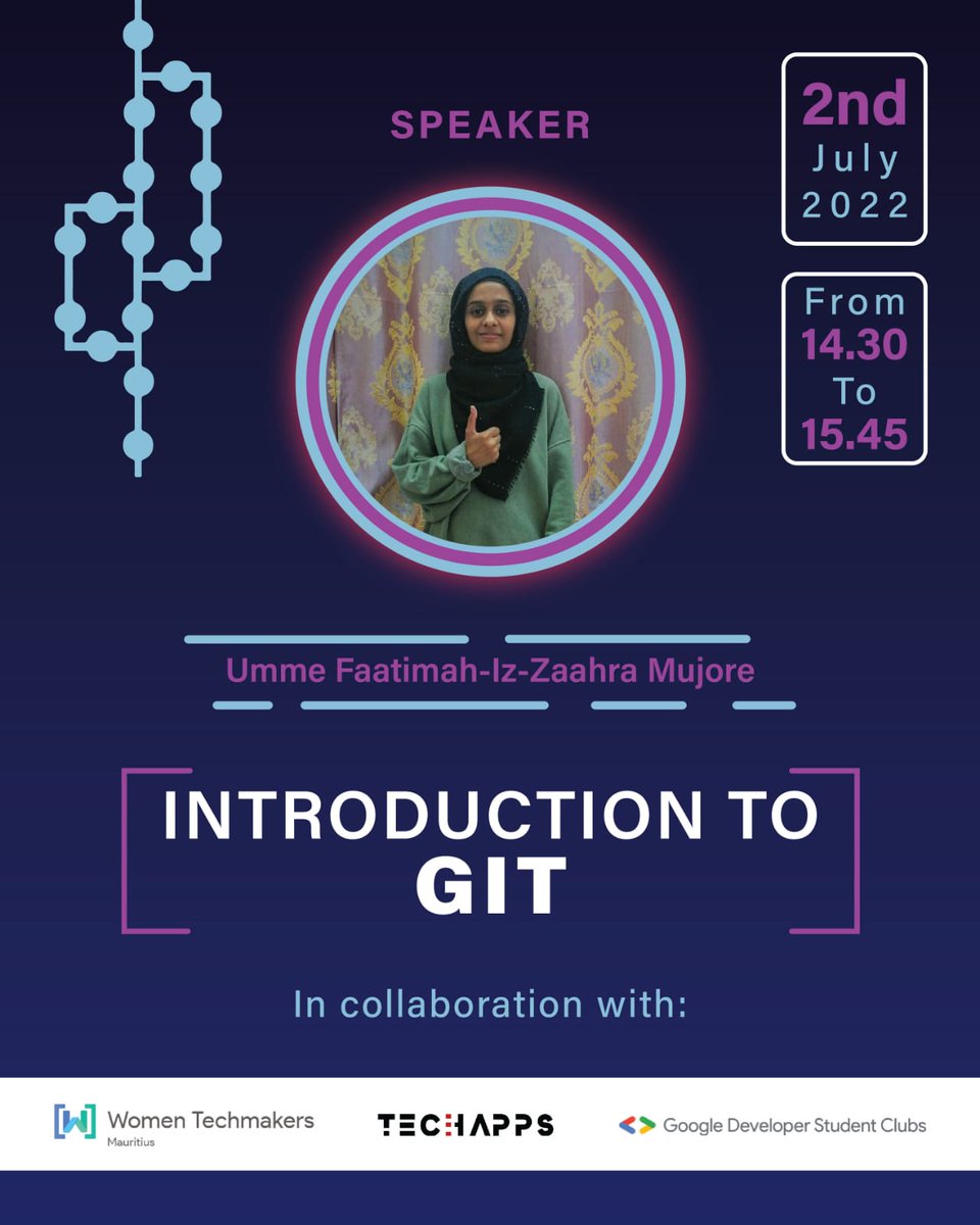 gdscuom's tweet photo. Join us for our workshop on "Introduction to GIT."

🗣️ Speaker: Ms Umme Fatimah-Iz-Zaahra Mujore
🗓 Date:2nd of July 2022 
⏰ Time: 14:30 - 15:45 
📍 Venue: Google Meet 

Registration Link: 
https://t.co/0jUhSY5L12

See you soon!

#GDSC #Git https://t.co/4q0M6uV9GF
