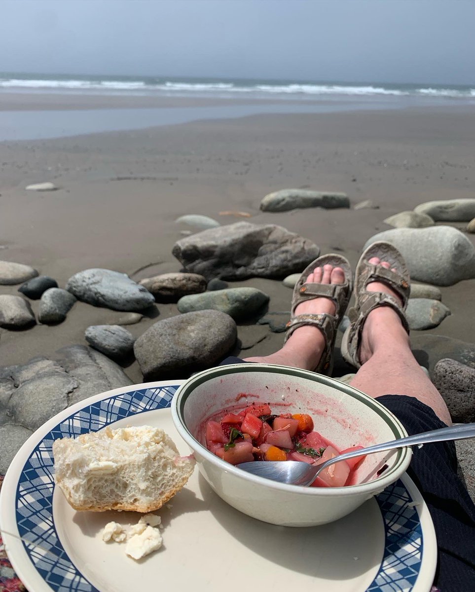 Roamancing's tweet photo. #LifeIsGood! The roar of the #surf at #MavilletteBeach - #DineOnTheSeafloor #lunch of #fricot with fresh, local beets, beet greens & carrots added to, & #PearCider. All from Comeau’s Farm Market in @baiesaintemarie. Satisfied with a #FullHeart! #VisitNovaScotia #PlayNowWorkLater https://t.co/0zW5McDjHI
