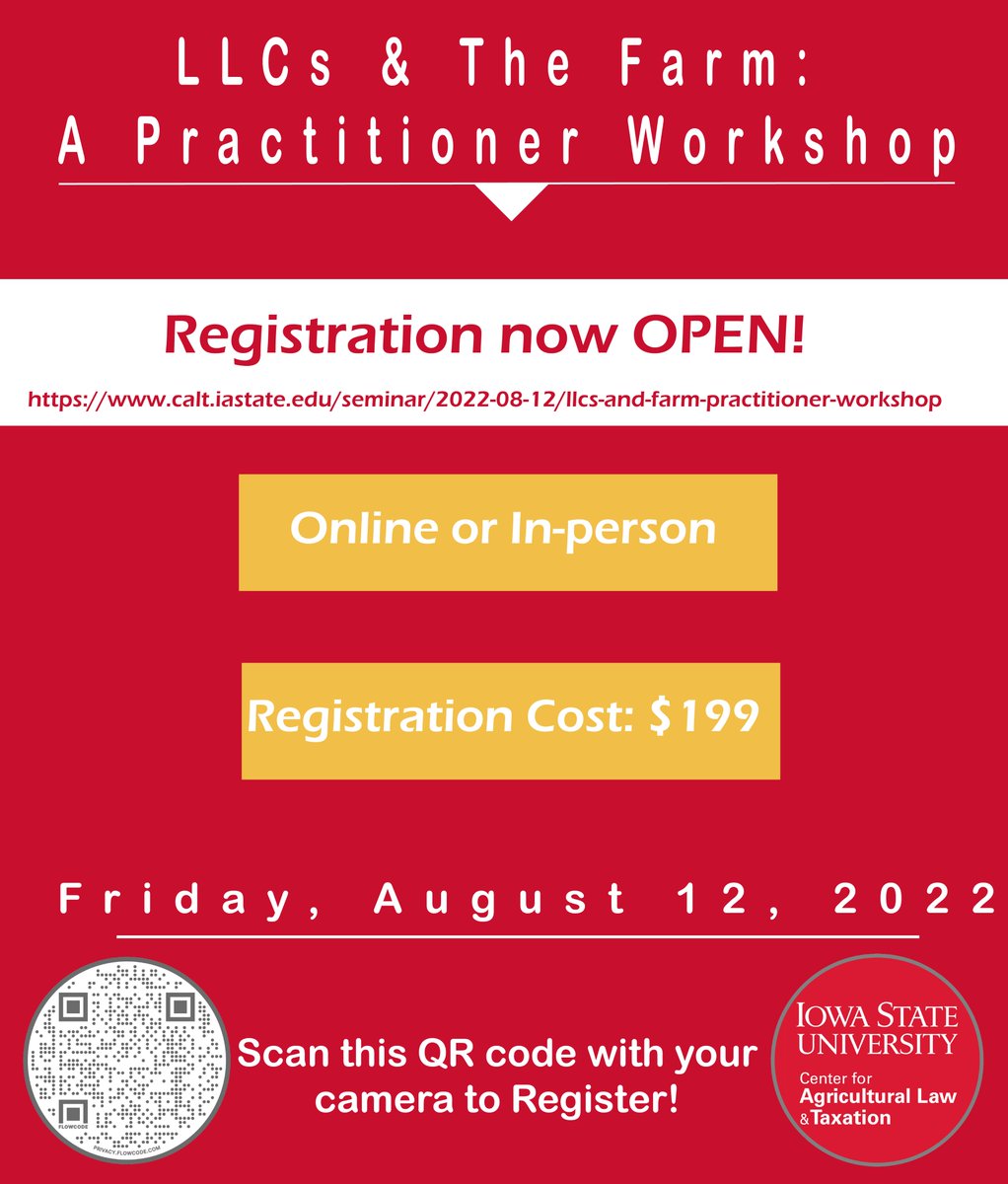 CALT_IowaState's tweet photo. Registration is now open for the LLCs &amp; The Farm: A Practitioner Workshop! https://t.co/gMFQiXetBA https://t.co/mBDeLYPZdl