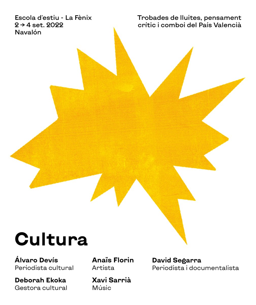 Llancem programació de l'#EscolaEstiuFènix! ☀️

1a taula: CULTURA

Identitat valenciana, creació cultural i transformació social per no deixar ningú enrere: de la tradició a la revolta.

Amb <a href="/xavisarria/">Xavi Sarrià 🇵🇸</a> <a href="/Davidsegarra/">فَصَبْرٌ جَمِيلٌ</a> <a href="/AnaisFlorin/">anais florin</a> #DeborahEkoka i @undevis 

Demà més taules! 💥