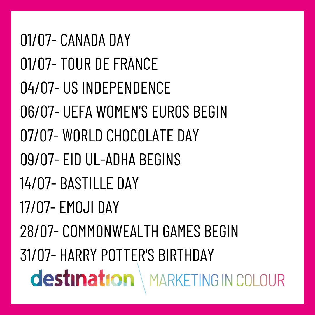 WeRDestination's tweet photo. Key Dates for your July Content Calendars! 🌸

Although a quieter month in terms of national and important upcoming days, it's also the start of children's school summer holidays, holidays abroad, and hopefully lots of sunny weather to keep your content calendars packed! 🌞 https://t.co/SF57vYpu0j
