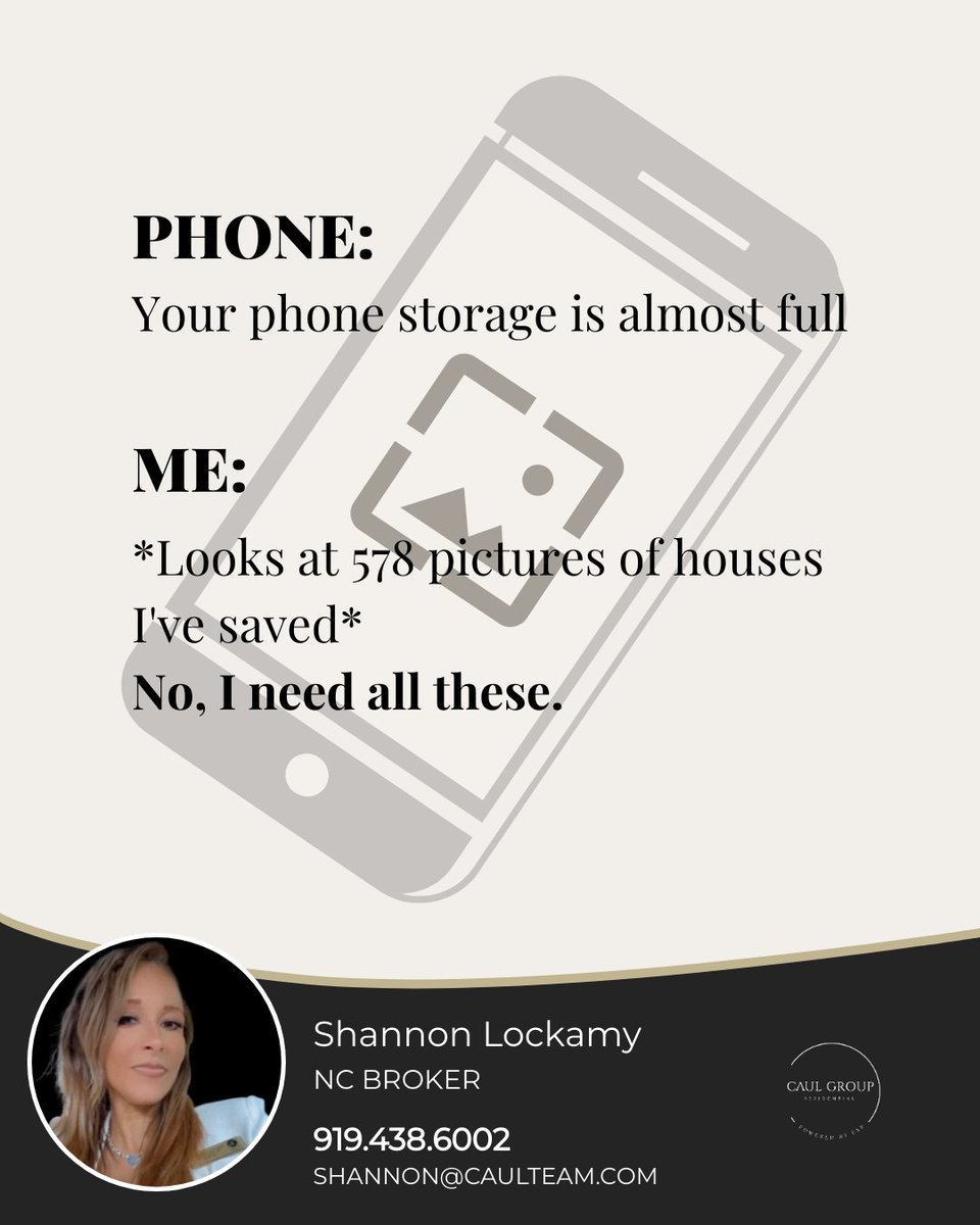 RealtorLockamy's tweet photo. Who's phone storage is screaming for them to delete some pictures?

#RealEstateHumor #RealEstateMemes #FunnyRealEstate #PhoneStorage #iPhoneMemes #HouseHunting #RealEstate #TheHelpfulAgent #Mortgage #iPhoneStorage #RealEstateLife https://t.co/BeUVDQD2ys