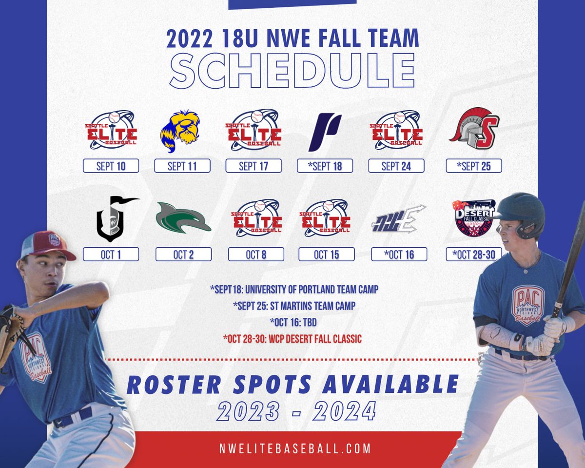 PNWBaseball's tweet image. 18U PNW fall team schedule 🗓 2023-2024

Roster spots still available » Submit info for a chance to be play competitive baseball this fall 👉 bit.ly/3u0Tb6g 

#pnwbaseball #PACStrong