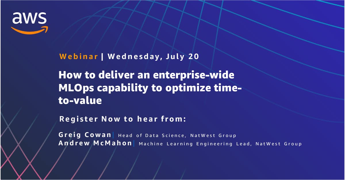 Webinar Alert! Join <a href="/awscloud/">Amazon Web Services</a> on 20 Jul to hear from <a href="/NatWestGroup/">NatWest Group</a>’s <a href="/GreigCowan/">Greig Cowan</a> + Andrew McMahon on how #MLOps is helping NatWest streamline their e2e ML lifecycle, along with the role Amazon SageMaker plays in helping accelerate the adoption of MLOps.  bit.ly/3bxvdZW