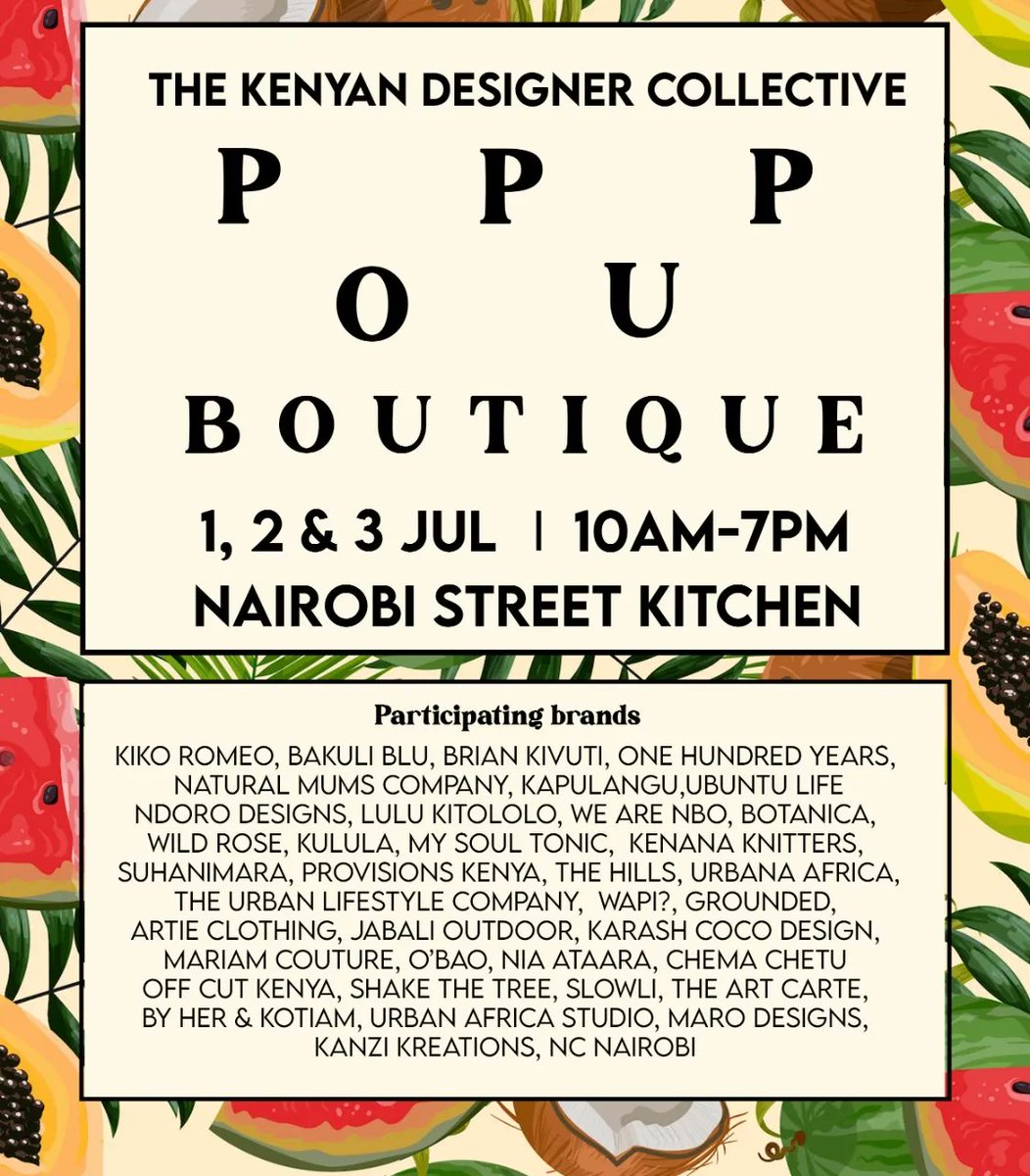 ☀️ PopUp Shopping! ☀️ 

A unique popup with a twist- browse brands cohesively set up for the weekend at Nairobi Street Kitchen. The last KDC popup until September!

#shoplocal #Supportsmallbusiness #madeinKenya
