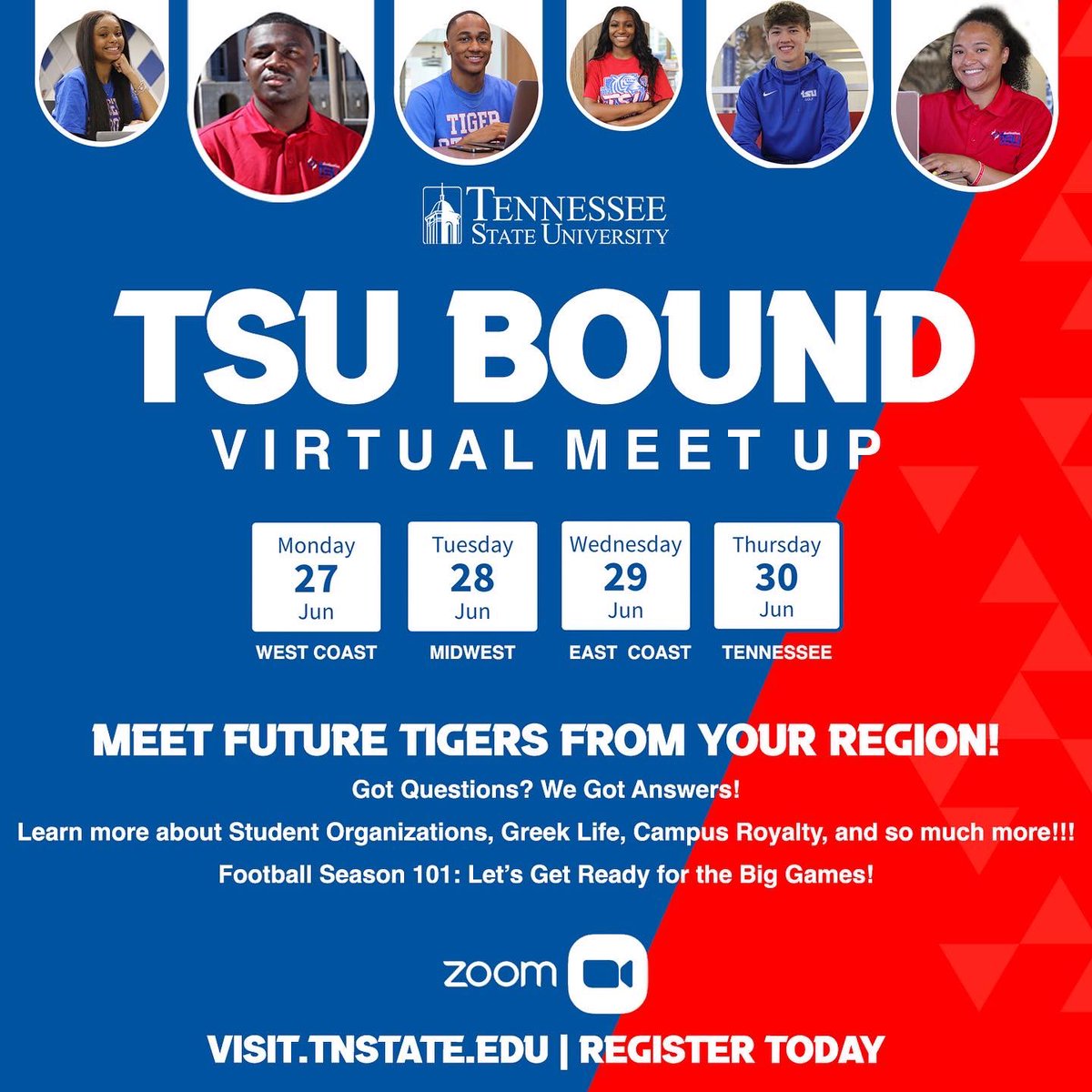 TSUAdmissions's tweet photo. CALLING #TSU26 🗣💻
The #TSUBound “Virtual Meet-Ups” begin TONIGHT‼️
All Future Tigers from the West Coast, Midwest, East Coast, and Tennessee — come meet future Tigers from your region on this interactive virtual platform created just for you!
This is your #TSU Community! https://t.co/QiK8McyLyY