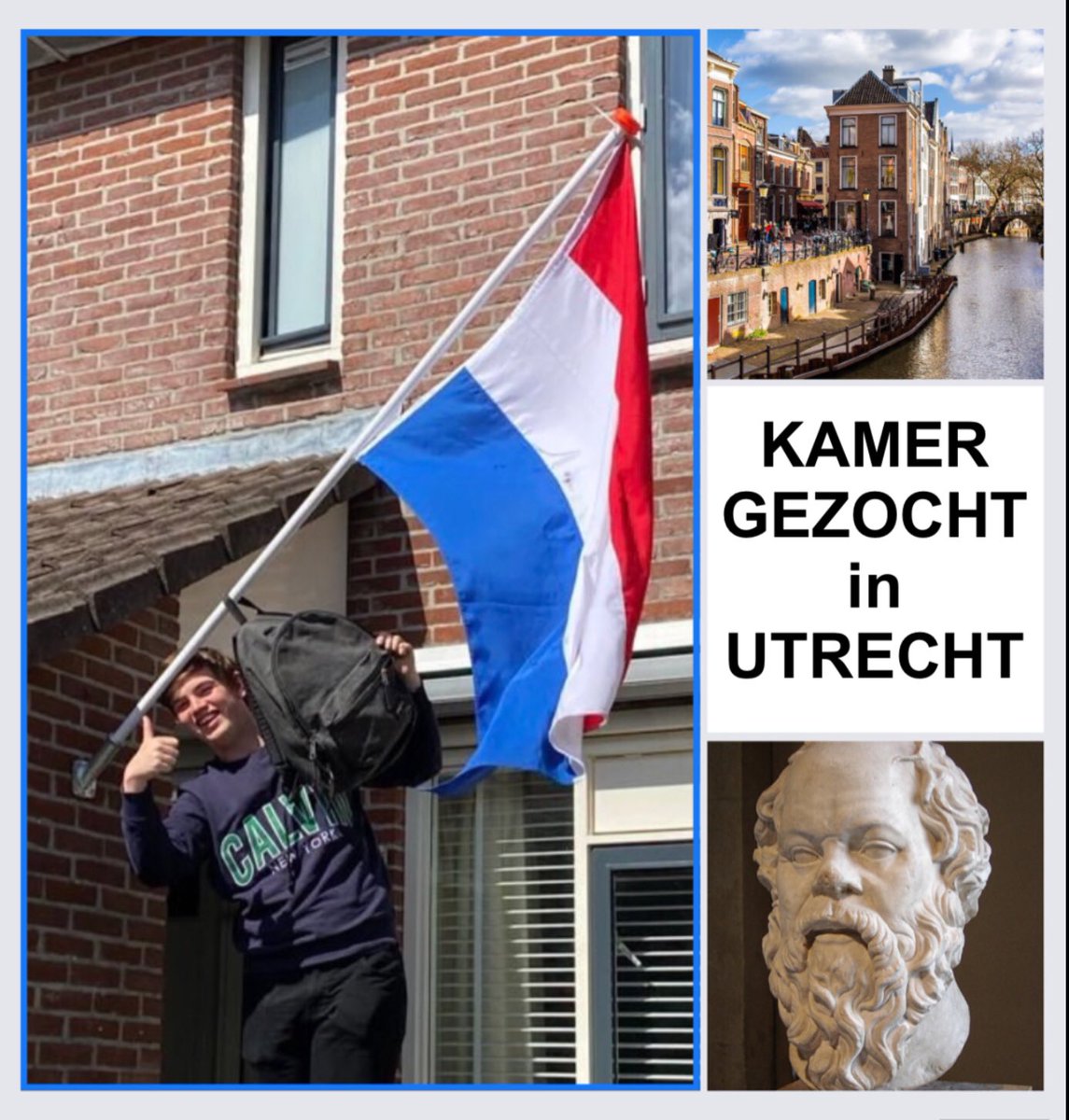 MarcoOut's tweet photo. KAMER GEZOCHT IN UTRECHT

Wie o wie kan zoon Q helpen aan een kamer?
Op naar Utrecht, op naar studie filosofie!
“Oh how numerous are the things I don’t need”, zou Socrates zeggen. 
Maar een kamer zou toch wel echt heel fijn zijn..
(Richtprijs Max € 500 per maand incl/RT=fijn 👍) https://t.co/kyfHq8tMmn