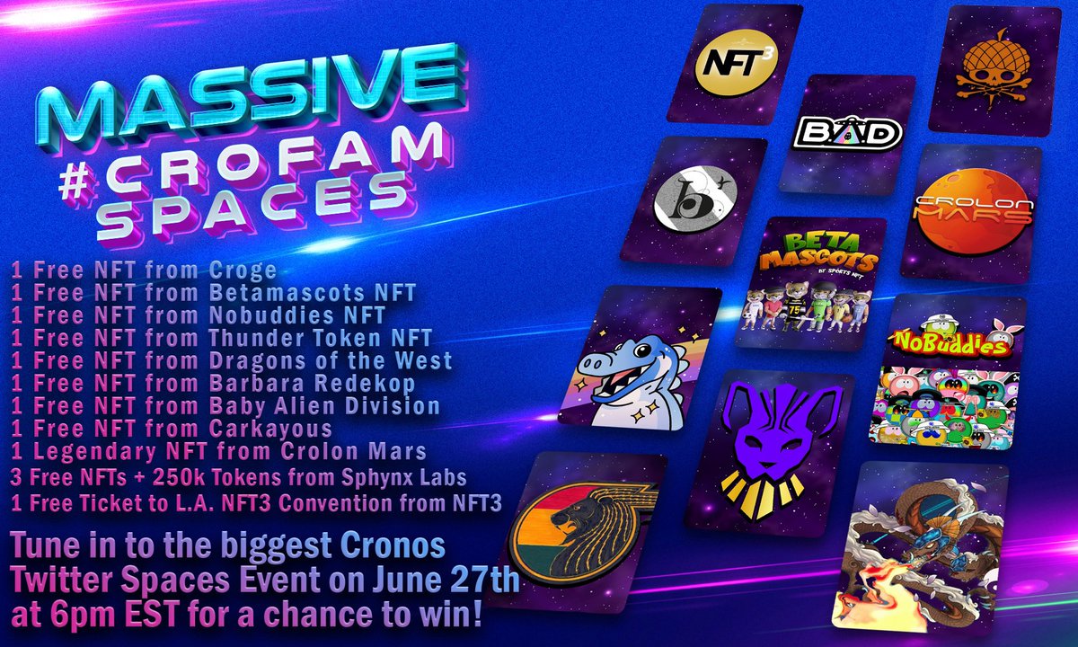 CrogeNft's tweet photo. 5 hours till our Massive #crofam  spaces that is going to be held on the @CrogeCoin account.
Make sure to like + RT and follow 
@CrogeCoin @CrogeNft @BabyAliens_NFT @BarbaraRedekop @TheSportsNFT @NFT3Awards @CrolonMars @carkayous @DragonsoftheW @NoBuddiesNFT @ISLAND_THUNDER https://t.co/dqU6vJRscQ