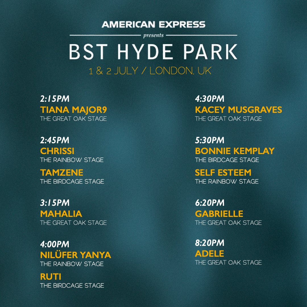 Here are approximate set times for <a href="/Adele/">Adele</a> and support at <a href="/BSTHydePark/">BST Hyde Park</a>! Download the BST Festival app to access your tickets and the latest info about #AdeleBST. See you there! ✨