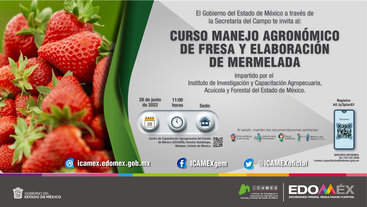 ICAMEXoficial's tweet photo. ¿Te gusta la mermelada de fresa? 🍓 
Aquí te decimos cómo se elabora. 
El #ICAMEX te invita al curso que se llevará a cabo este 🗓 28 de junio a las 🕚 11:00 hrs. en las instalaciones del #CECAEM.
👉🏻 Regístrate en: https://t.co/TTMCt7FZ6U
#LaTierraQueNosUne
@CampoEdomex 🌾 https://t.co/uvDDZiR9XU