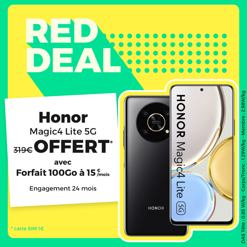 REDbySFR's tweet photo. [#REDDEAL] ✨Nouveau !

Le Honor Magic4 Lite 5G est OFFERT* avec un Forfait RED 100Go à 15€/ mois !

Avoir un mobile 5G sans 5G c'est dommage quand même. 👉L' option 5G est à 5€/ mois chez RED.

*Dans la limite des stocks disponibles.