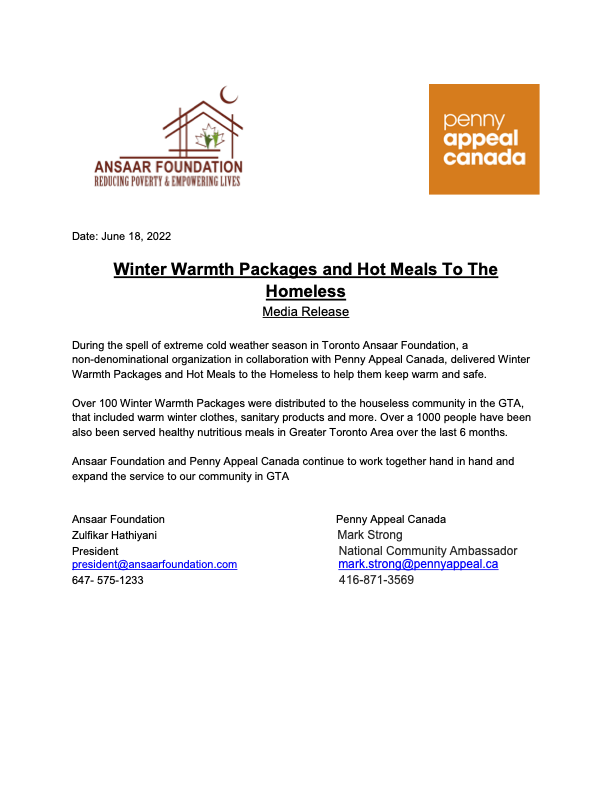 AnsaarFdn's tweet photo. Thank you to our sponsors @pennyappealca!
Working together to provide winter warmth packages and hot meals to the homeless in the last six months. https://t.co/SxjWzk1sin