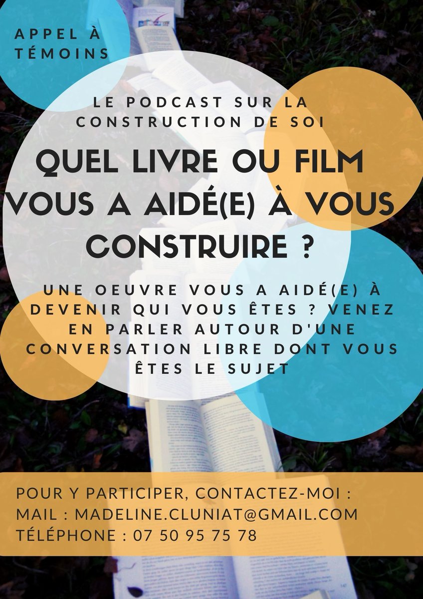 madelinecluniat's tweet photo. ⚠️ Appel à témoins !
La construction de soi dépend de beaucoup de critères, ce que nous lisons et voyons en fait partie 📖
Et si on en parlait autour d'un micro ? 🎙
Si vous êtes en Corrèze et intéressés par le projet, contactez-moi !
#podcasts #booktwt https://t.co/oKsUBmzk5N