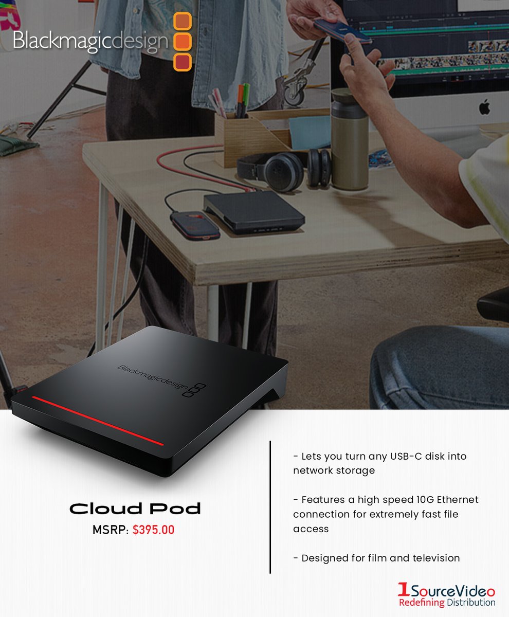 1sourcevideo's tweet photo. The @Blackmagic_News Cloud Pod lets you turn any USB-C disk into network storage!
#BlackmagicDesign #1SourceVideo #BlackmagicCloudPod #CloudPod #networkdisk #flashmemory #filesharing #multiuser #filestorage #largemediafiles #SSD #recording #filmequipment #RedefiningDistribution https://t.co/8Fjs48kkBs