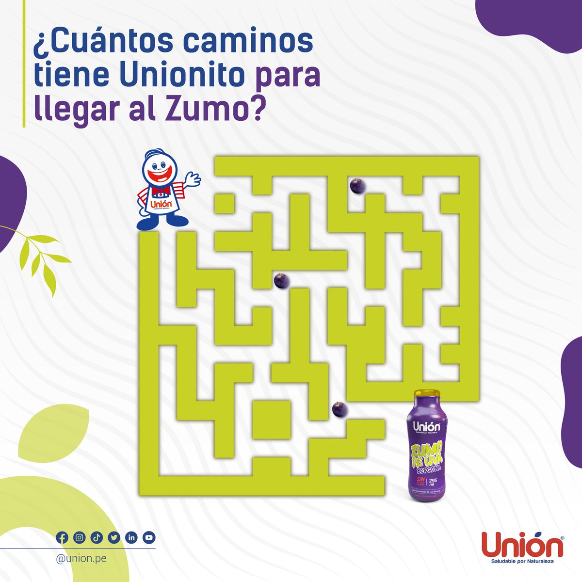 union_pe's tweet photo. 🤩 Toma una captura a esta imagen para que tus pequeños se diviertan resolviendo el laberinto y compártelo con nosotros en los comentarios. 

🏆 Todos queremos llegar al Zumo Unión, 100% uva borgoña y sin azúcar añadido.

¡Ayuda a Unionito a llegar al suyo! 🍇
#vegano #saludable https://t.co/PpybqqzZ4Q