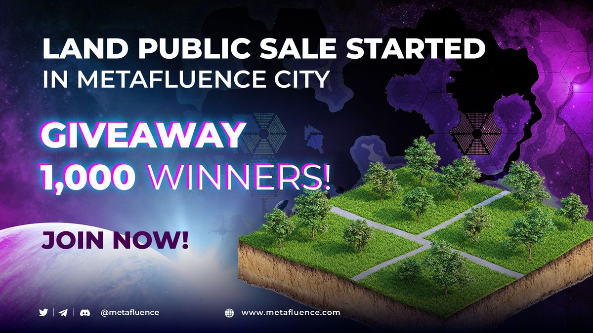 🥳 To mark the start of the Lands Public Sale, we've decided to launch an exciting #giveaway!
 
🤩 Join now, and don't miss the chance to become one of the early citizens of Metafluence City!
 
👉 Link for participation and details: gleam.io/FoGaz/land-pub…

#MetafluenceCity