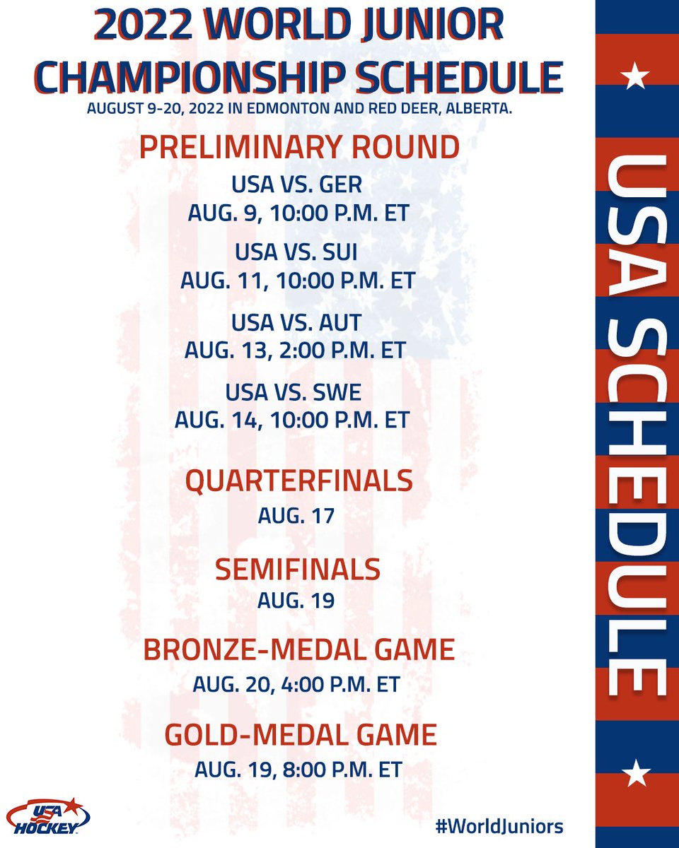 WorldJuniorsIHC's tweet photo. IIHF 2022's #WorldJuniors schedule is released! The U.S. will open play vs Germany on August 9th!

@usahockey @USAWJC 

https://t.co/jMwYwMGVuf