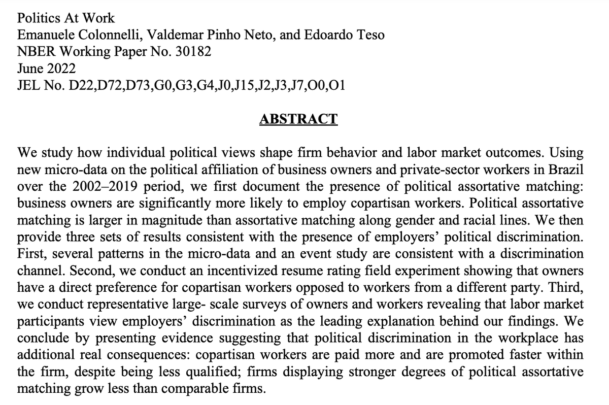 edoardoteso's tweet photo. How does partisan affiliation affect labor market outcomes? In a new working paper, Emanuele Colonnelli, Valdemar Pinho Neto, and I leverage new administrative data, a field experiment, and new large scale surveys to shed light on this question.
https://t.co/7uOmvliYS2 https://t.co/QBAdTcSgCw