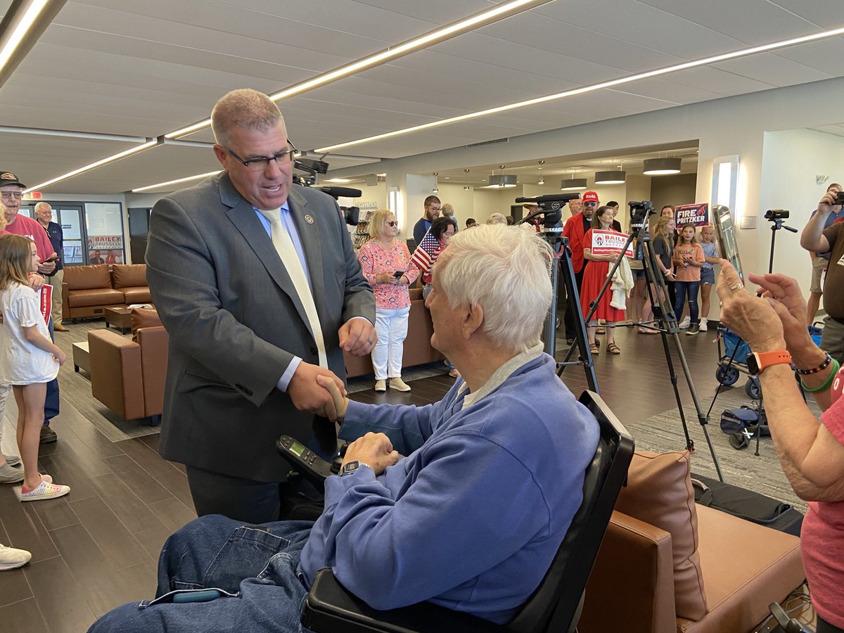 brendenmoore13's tweet photo. Bailey shakes the hand of Don Debolt, who he endorsed in the #IL54 Senate primary against incumbent state Sen. Steve McClure, R-Springfield. #twill https://t.co/AhoKGB2uCB