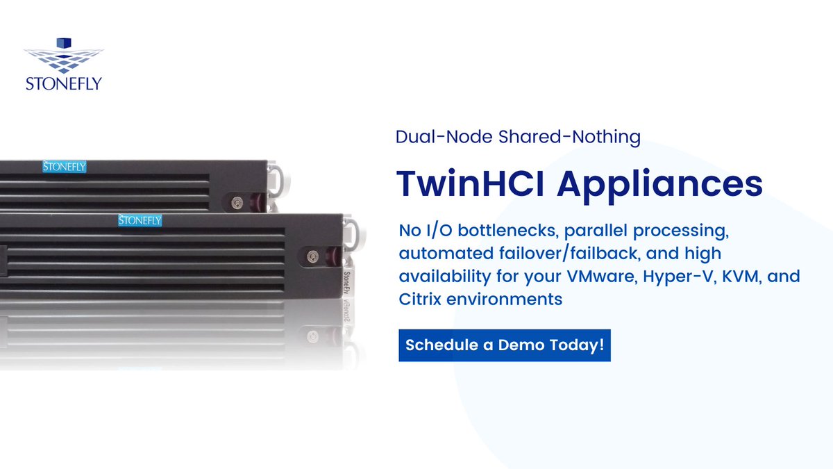 StoneFlyInc's tweet image. Overcome I/O bottlenecks, leverage parallel processing, and build a high availability virtual environment with StoneFly TwinHCI clustered dual-node #sharednothing appliances. Save money, and automate high availability with minimum resource investment: bit.ly/39exgRO #HCI