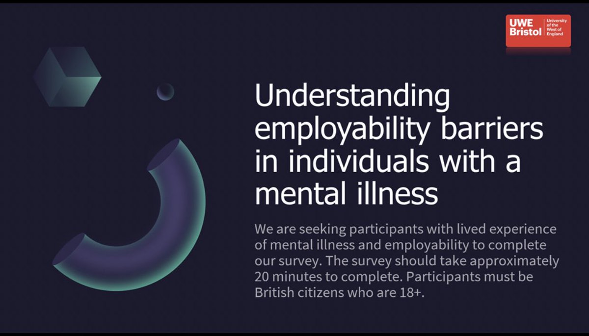 We are seeking British participants 18+ who have experienced employability barriers due to their mental illness. If you’re interested in taking part in our research, click here: uwe.eu.qualtrics.com/jfe/form/SV_a4… for more information email cody.porter@uwe.ac.uk